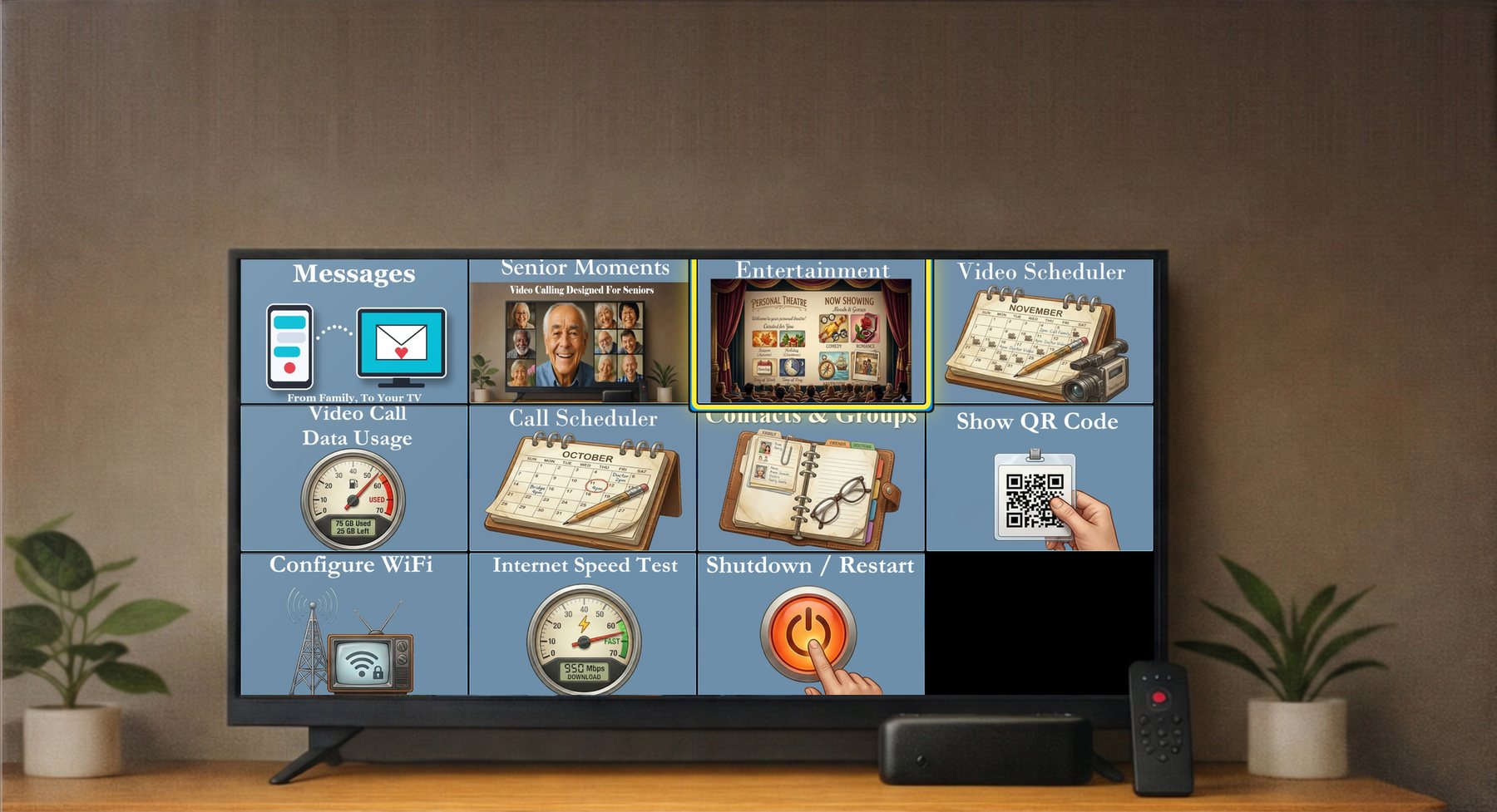 A TV in a resident's room showing the Senior Streamers main menu, with the Senior Streamers box and remote on the shelf below