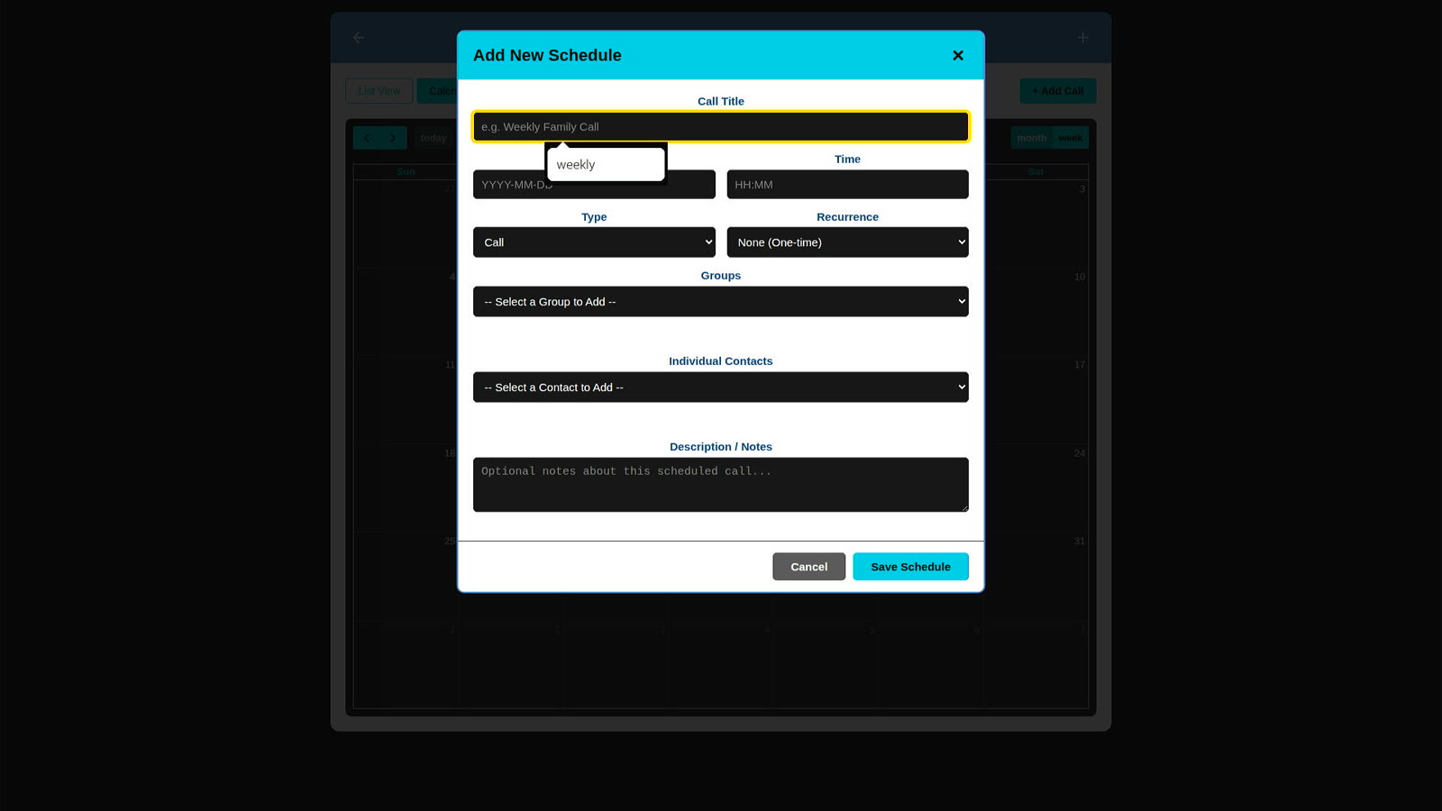 The Add New Schedule form in the Call Scheduler