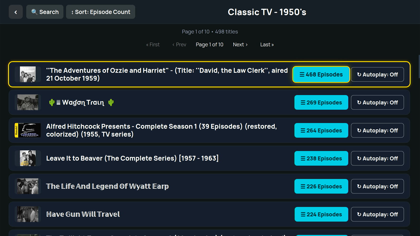 Golden Oldies: Classic TV from the 1950s, sorted by episode count, with The Adventures of Ozzie and Harriet at 468 episodes