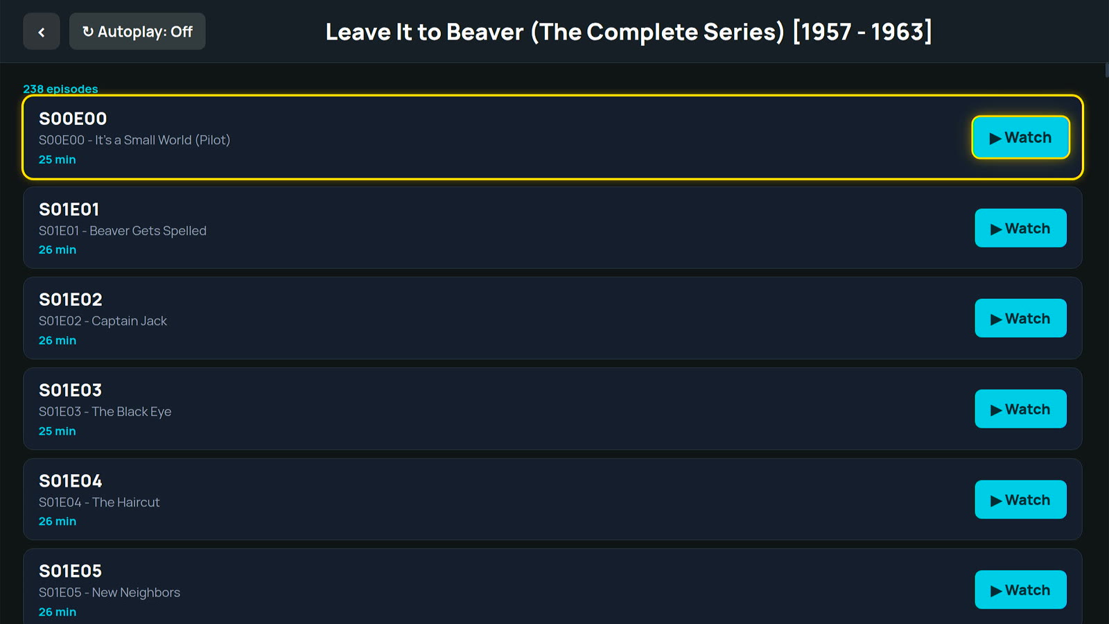 The episode list for Leave It to Beaver, with a Watch button on each episode