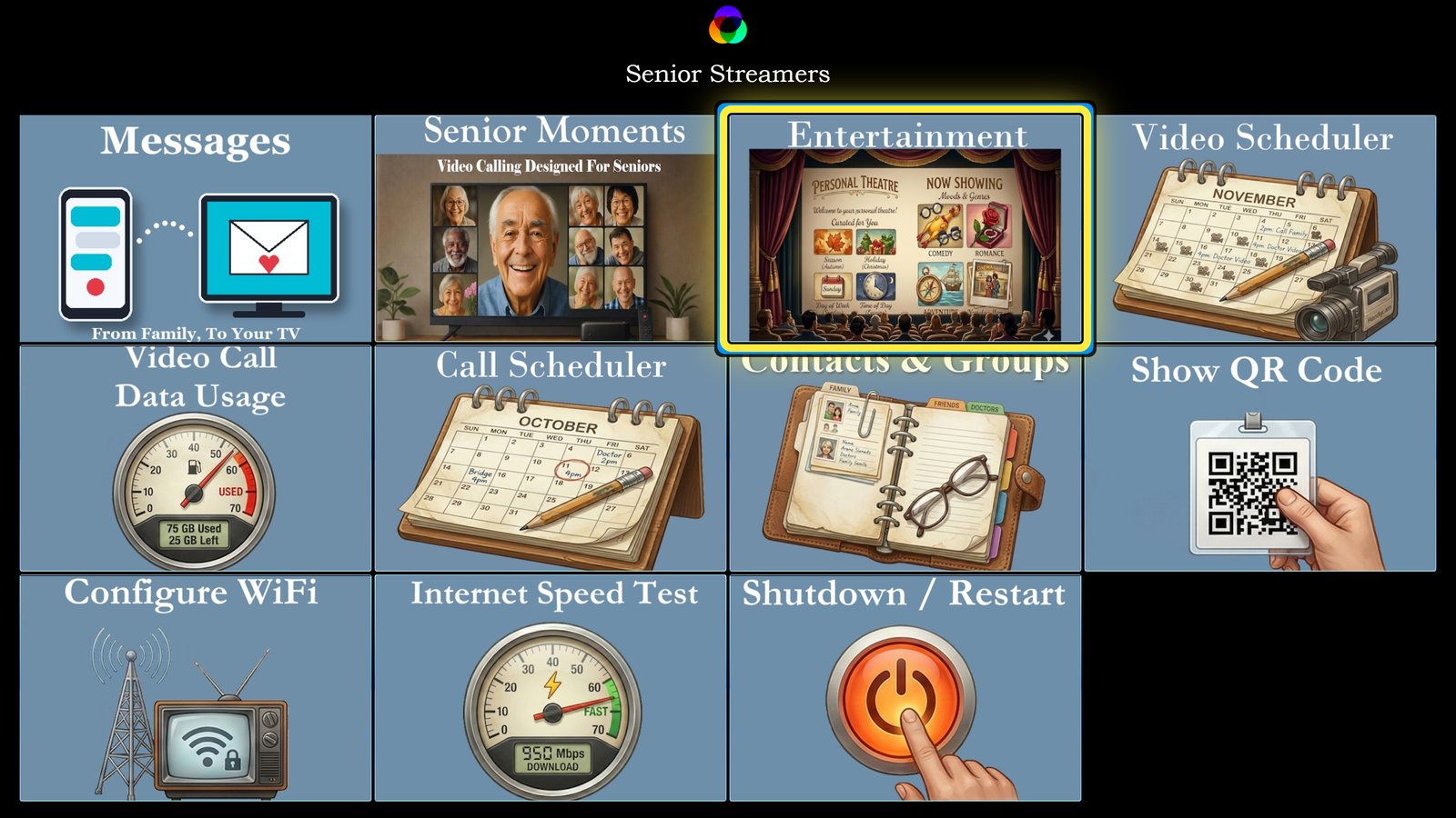The Senior Streamers Main Menu with cards for Messages, Senior Moments, Entertainment, Video Scheduler, Call Scheduler, Contacts and Groups and more