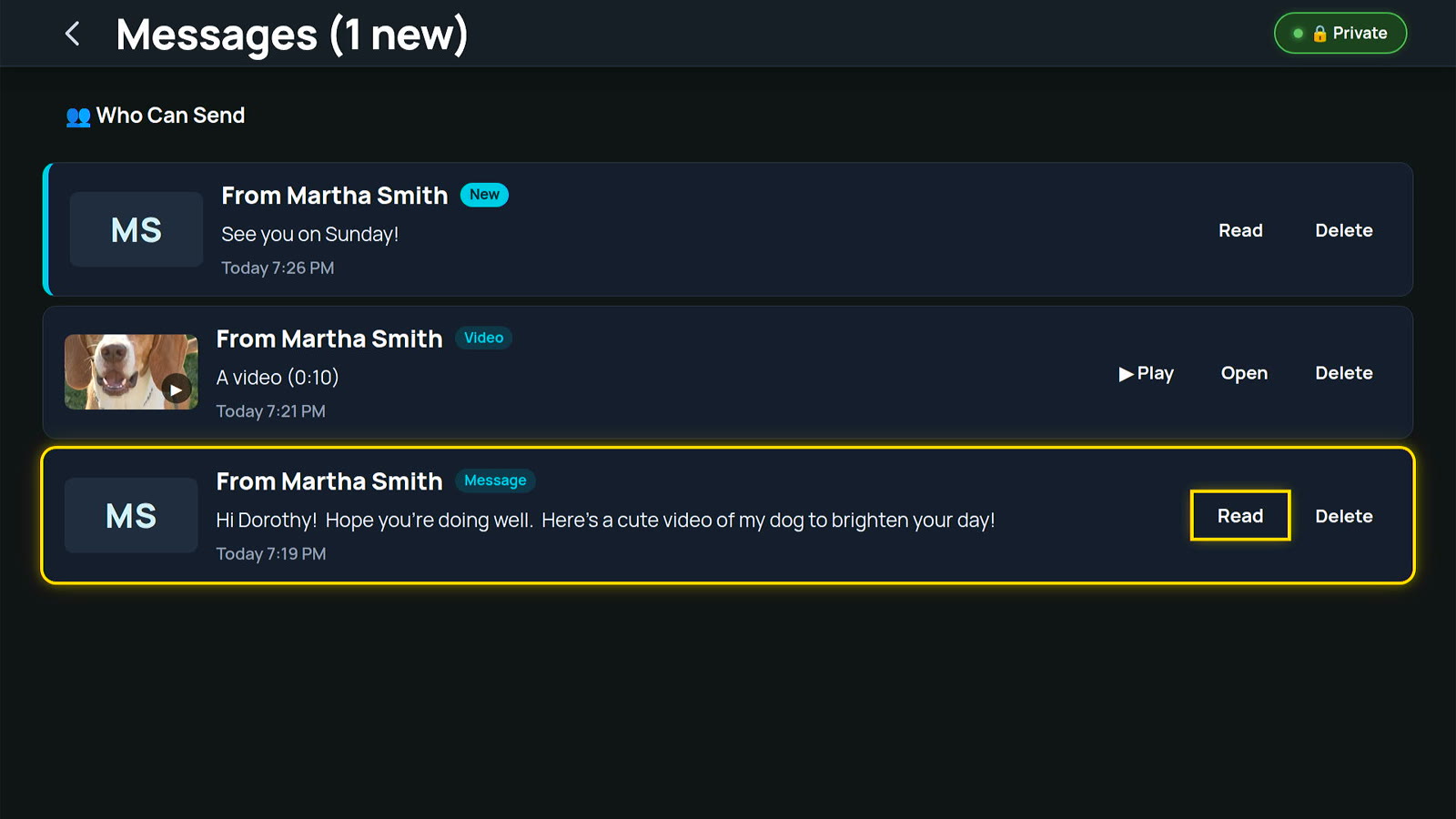 A message from Martha Smith open on the TV with Read It to Me and Reply buttons
