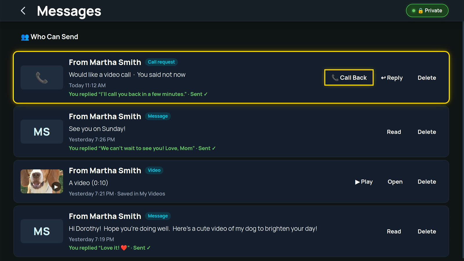 The Messages screen showing a call request from Martha Smith with Call Back and Reply buttons