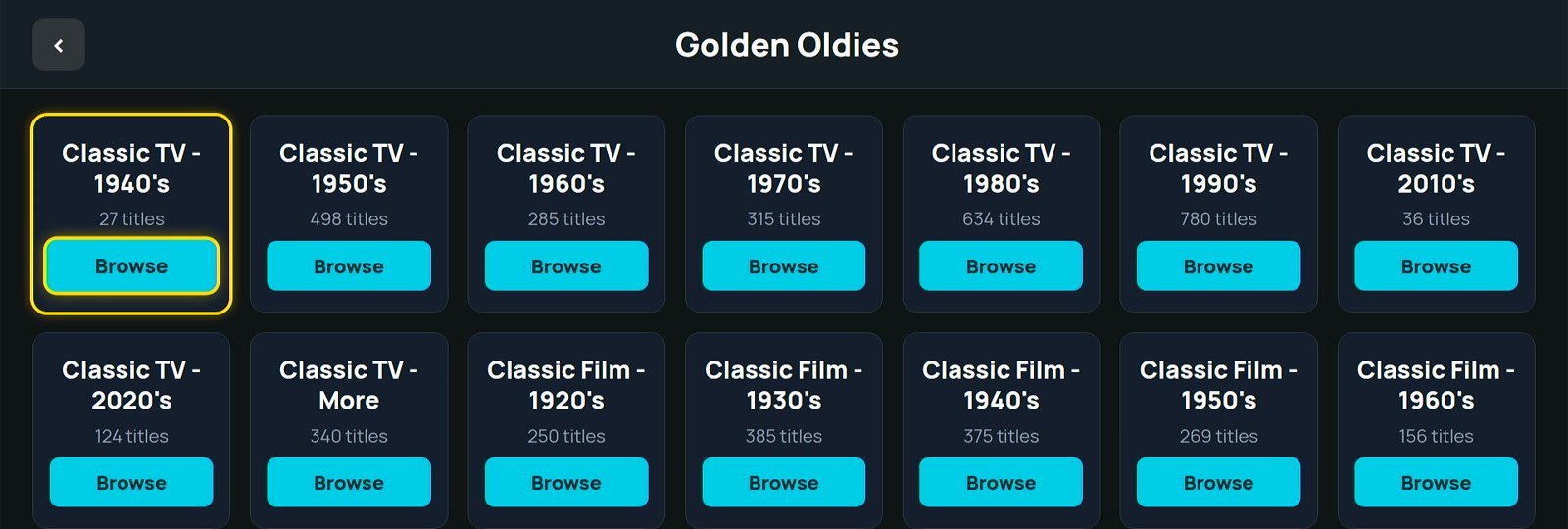 The Golden Oldies screen with Classic TV collections for each decade from the 1940s and Classic Film collections from the 1920s