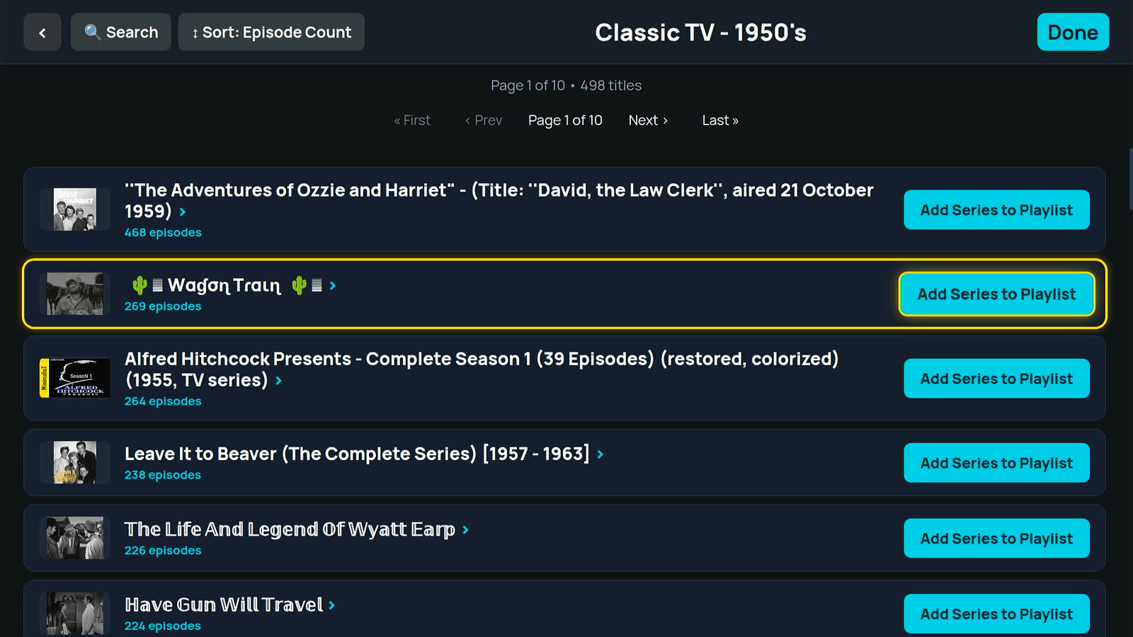 Adding whole series from Classic TV of the 1950s to a playlist