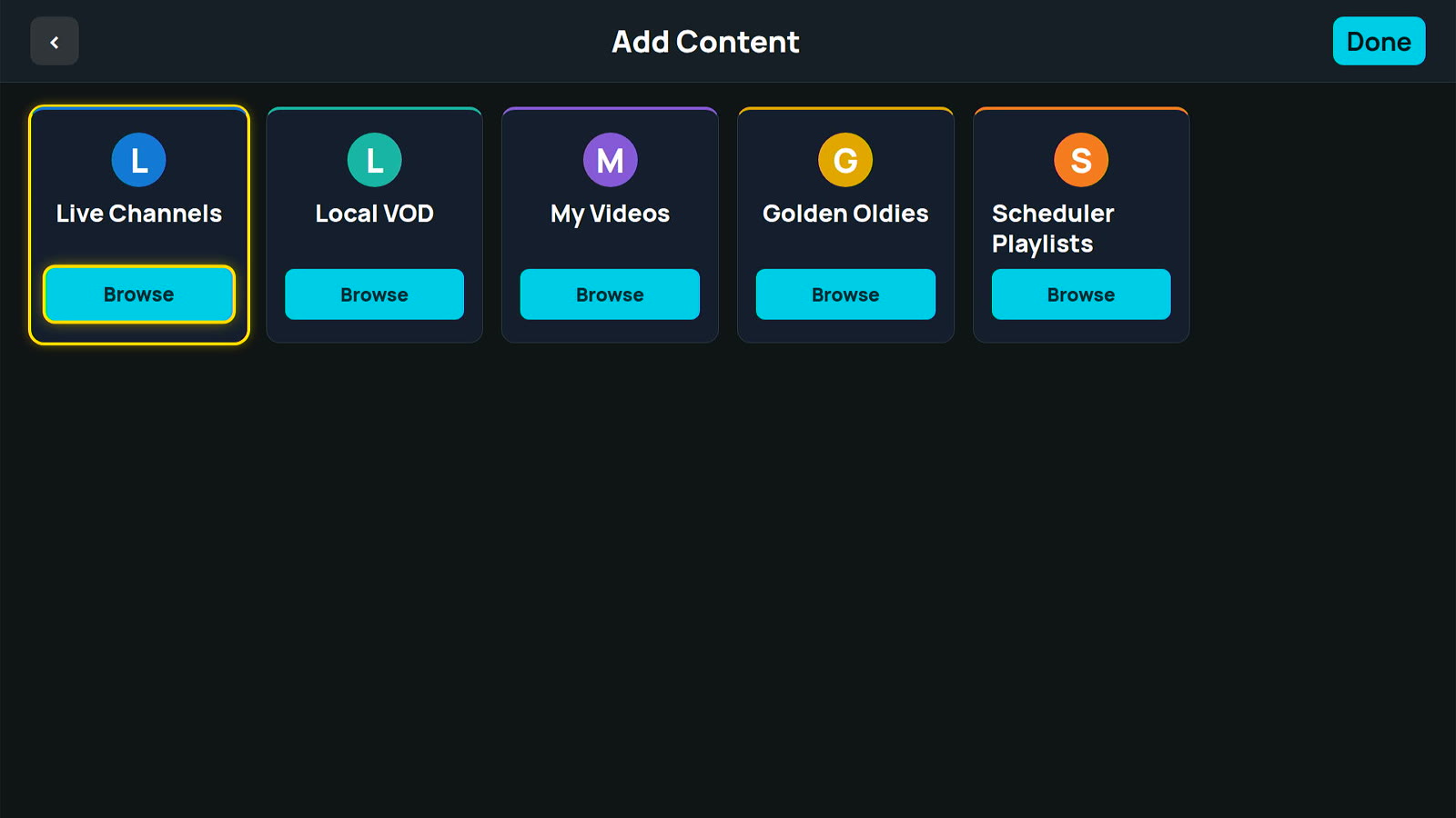 Adding content to a playlist from live channels, Local VOD, My Videos, Golden Oldies and other playlists