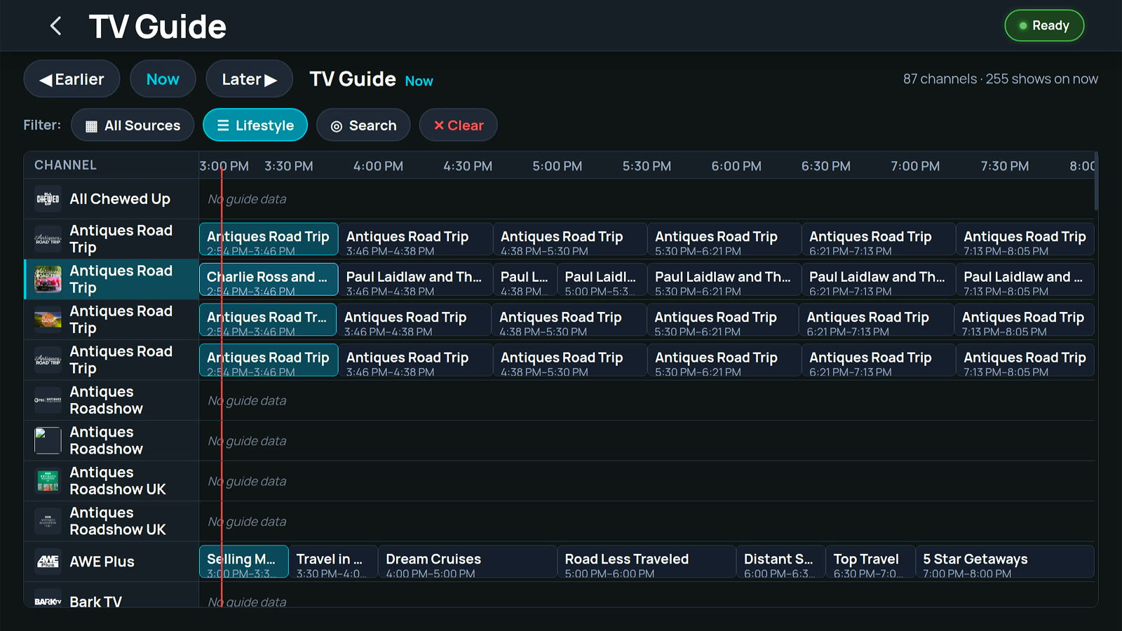 The TV Guide filtered to the Lifestyle category, showing Antiques Road Trip, Antiques Roadshow and The Bob Ross Channel