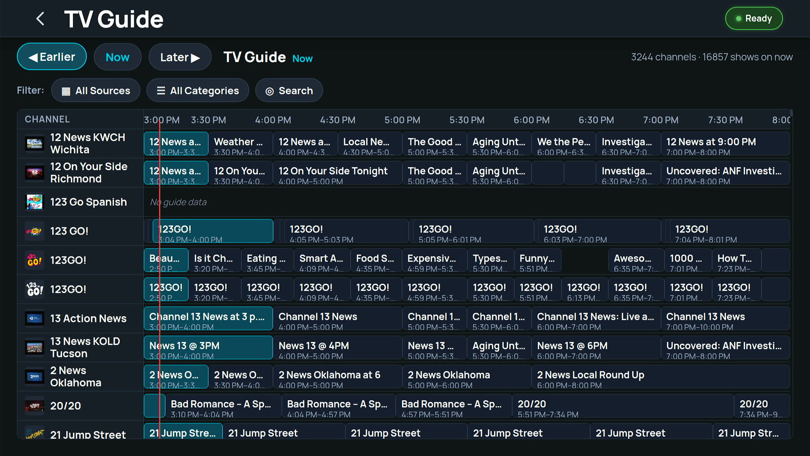 The Senior Streamers TV Guide showing live channels and what's on now