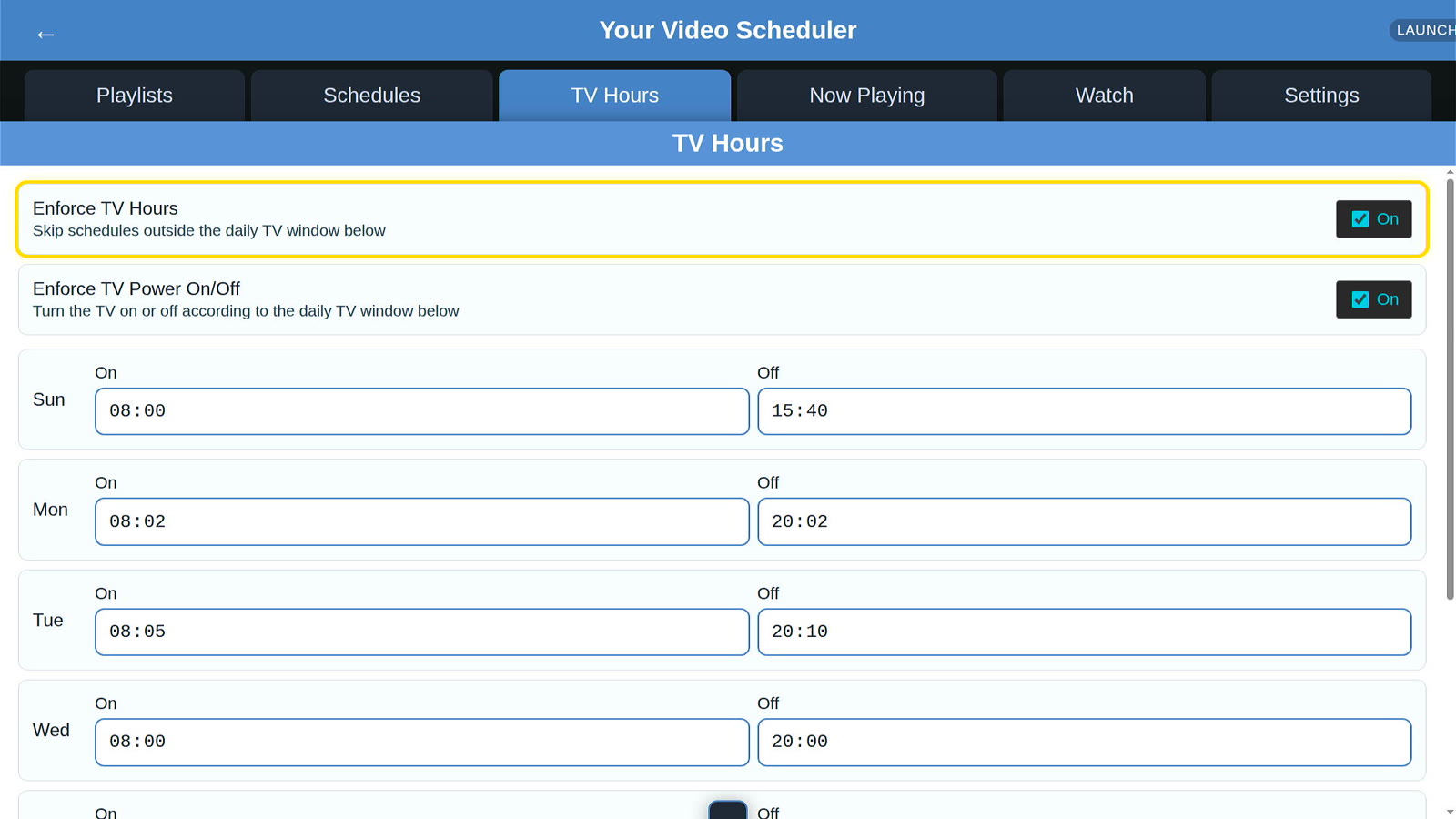 TV Hours settings with on and off times for each day of the week