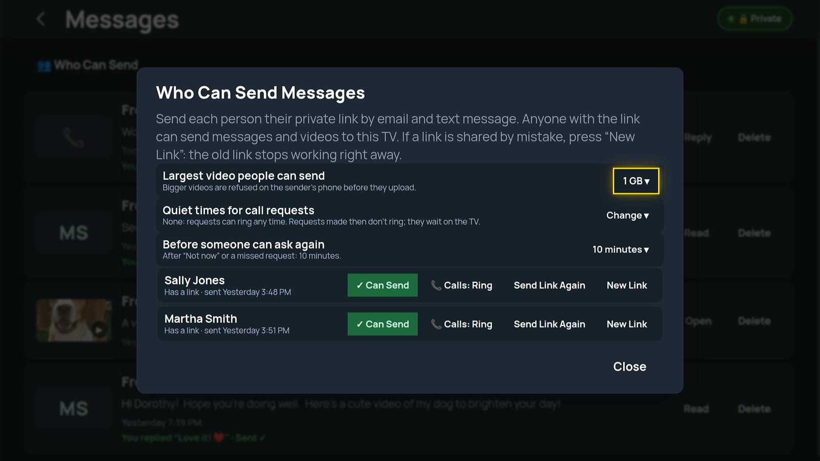 The Who Can Send Messages settings with largest video size, quiet times for call requests and per-person controls